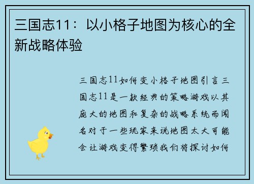 三国志11：以小格子地图为核心的全新战略体验